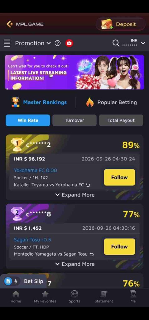 Master rankings dashboard on MPL Game Live displaying top win rates, user turnovers, and promotional live streaming info.